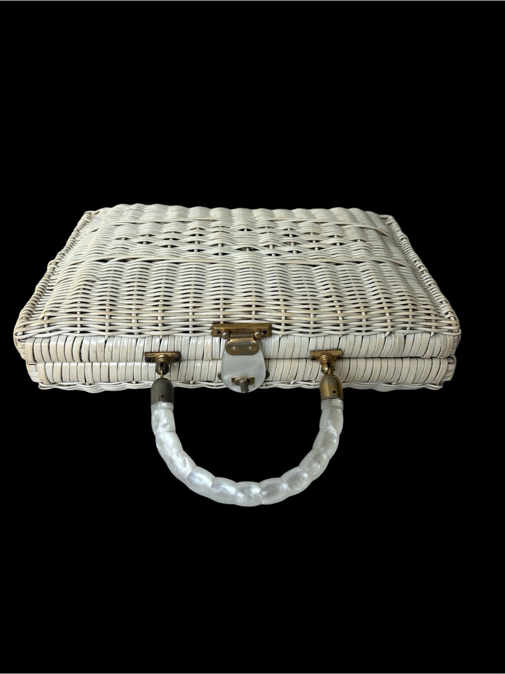 Woven White Rattan Handbag with Pearl-Style Handle